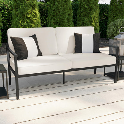 Martha Stewart Lily Pond All-Weather Patio Loveseat with Elevated Backrest Design and Steel Frame in Black with Cream Cushions