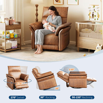 IDEALHOUSE Power Recliner Chair with Side Pockets, 270° Swivel & Glider, USB Charging Port, PU Leather, Thickened Dual-Layer Armrests, Modern Recliner for Living Room, Bedroom (Walnut)