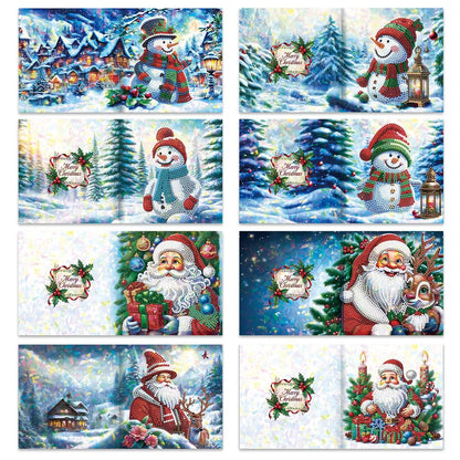 8pcs Diamond Art Kits for Adults DIY Christmas Cards with Envelopes Rhinestone Painting Cards Kits Diamond Painting Santa Greeting Card for New Year Party Supplies (Snowman and Santa Claus)