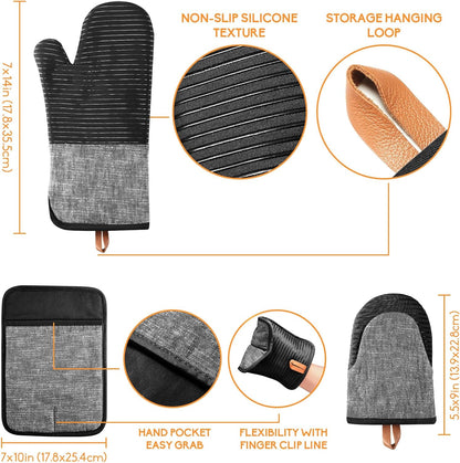 Kitchen Oven Mitts Set of 4, Non-Slip Cotton, Heat Resistant & Machine-Washable, Includes Long Mit, Mini Mitts & Pot