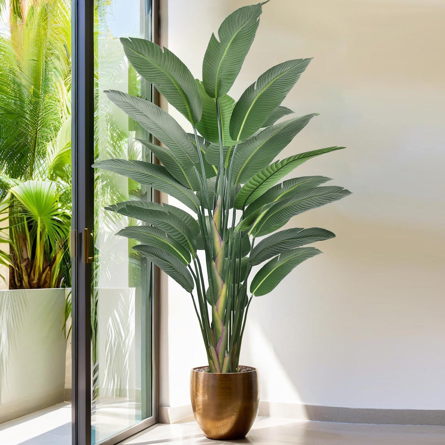 9FT Artificial Bird of Paradise Tree 106 Inch Large Faux Silk Plants Banana Leaf with 25 Trunks in Black Pot for Home Decor Living Room Office Bedroom
