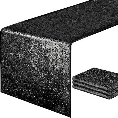Black Sequin Table Runners, 4 Pack Glitter Table Runner for Parties, Weddings, Halloween, 12''x 72''