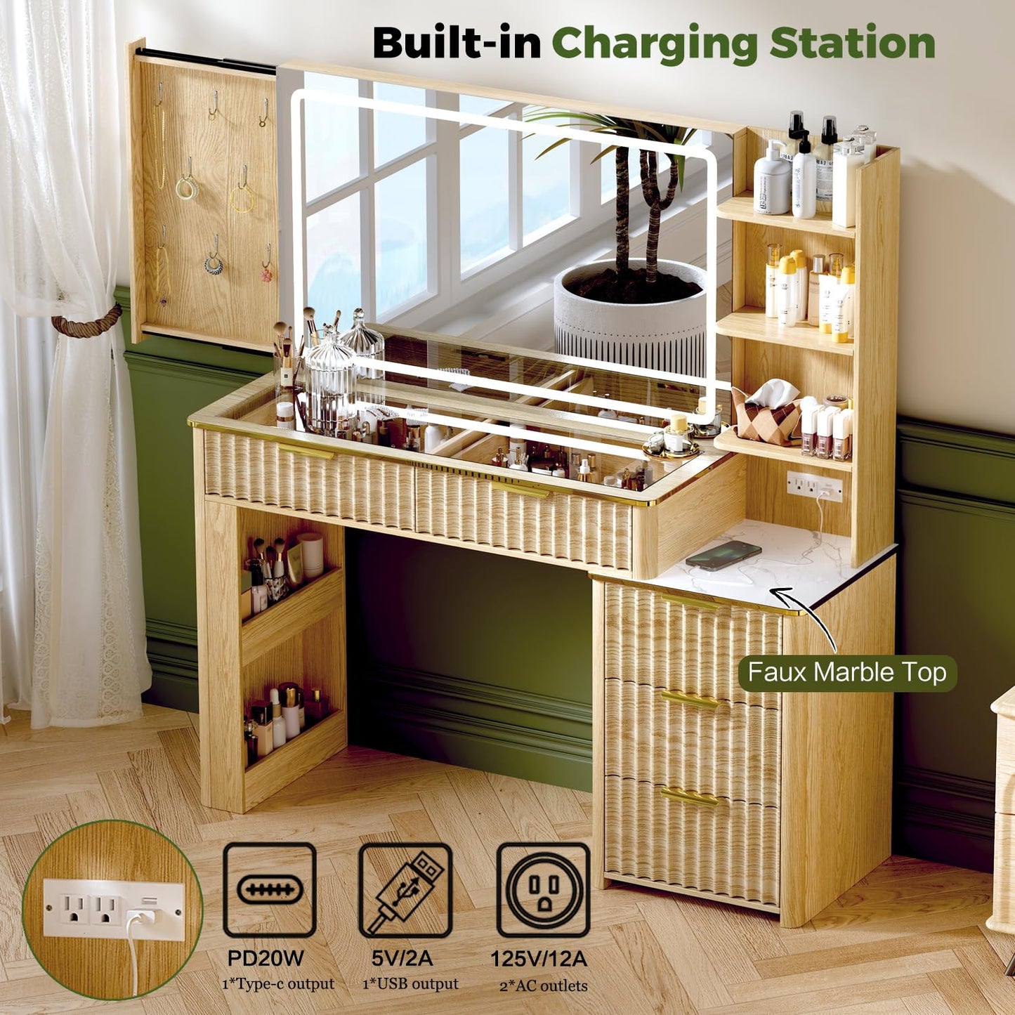 GRUTEUNIT 51" Vanity Desk with Power Outlet, Makeup Vanity with Mirror and Lights, 3 Lighting Modes, Vanity Table with Glass Top, 5 Drawers, and Jewelry Storage,Oak