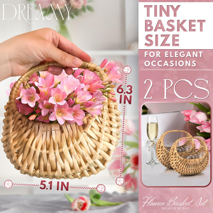 Small Flower Girl Basket Set of 2 - Small Wicker Basket with Handle and Waterproof Lining, 6.3 x 5.12 x 3.75 Inch - Rattan Design for Wedding Flower Petals, Candy, Gift Use, Storage and Home Decor