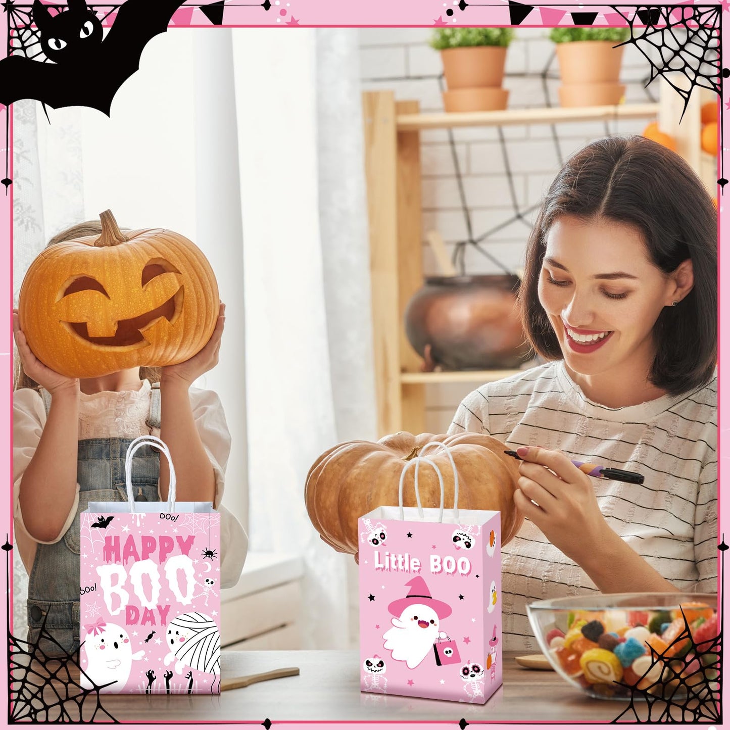 Zhanmai 24 Pcs Pink Ghost Halloween Party Favors Gifts Goodies Bags with Handles Halloween Paper Boo Bags for Candy Treat Snack Gifts Wrapping Birthday Party Supplies Decoration
