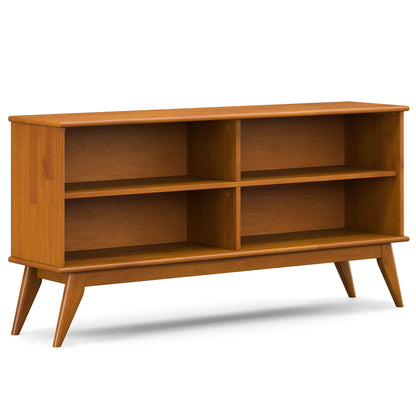 SIMPLIHOME Draper Bookcase - 30 inch Tall Solid Wood Low Bookshelf in Teak Brown, Mid-Century Modern Storage for Living Room, Study Room or Office with Tapered Legs and Wide Open Shelves