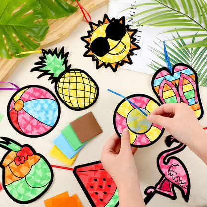 AmazingSpark 36 Pcs Summer Suncatchers Paper Craft Set, DIY Flamingo Hawaii Stained Glass Effect Tissue Paper Kits Bulk for Windows, Art Parties, Beach Decorations, Favors and Gifts