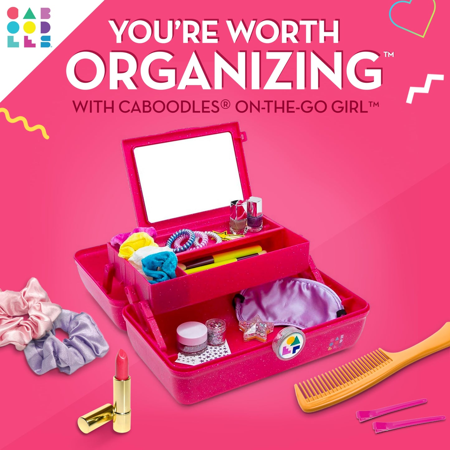 Caboodles On-The-Go Girl Makeup Box, Deep Pink Sparkle, Hard Plastic Makeup Organizer Box, Built-In Mirror, Secure Latch for Safe Travel, Spacious Storage for Large Items