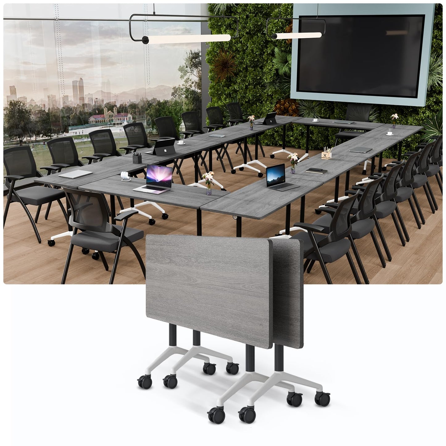 JNMDLAKO Modular Folding Conference Table with Locking Wheels, 8 Pack Flip Top Mobile Training Table, Modern Meeting Seminar Tables for Office, Hotel Conference Room(8,Grey,71" L x 23" W x 29" H)