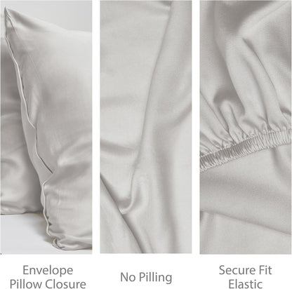 Threadmill 3 Piece Twin Sheets Set for Bed, Rayon Bamboo Cooling Bed Sheets Light Grey - 15 Inch Deep Pocket