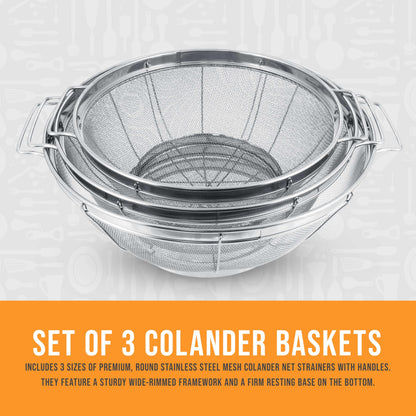 U.S. Kitchen Supply Set of 3 Stainless Steel Colander Strainers Net Baskets 5, 4, & 3-Quart - Colander with Handles & Resting Base - Stainless Steel Sieve, Mesh Strainers and Colanders for Kitchen