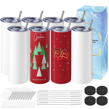 Hiipoo 8 Pack Sublimation Tumblers Blank 20 oz Straight Skinny with Sublimation Papers, Lids and Straws, Shrink Wrap Films, Stainless Steel Double Wall Insulated Tumbler for Mug Press Machine