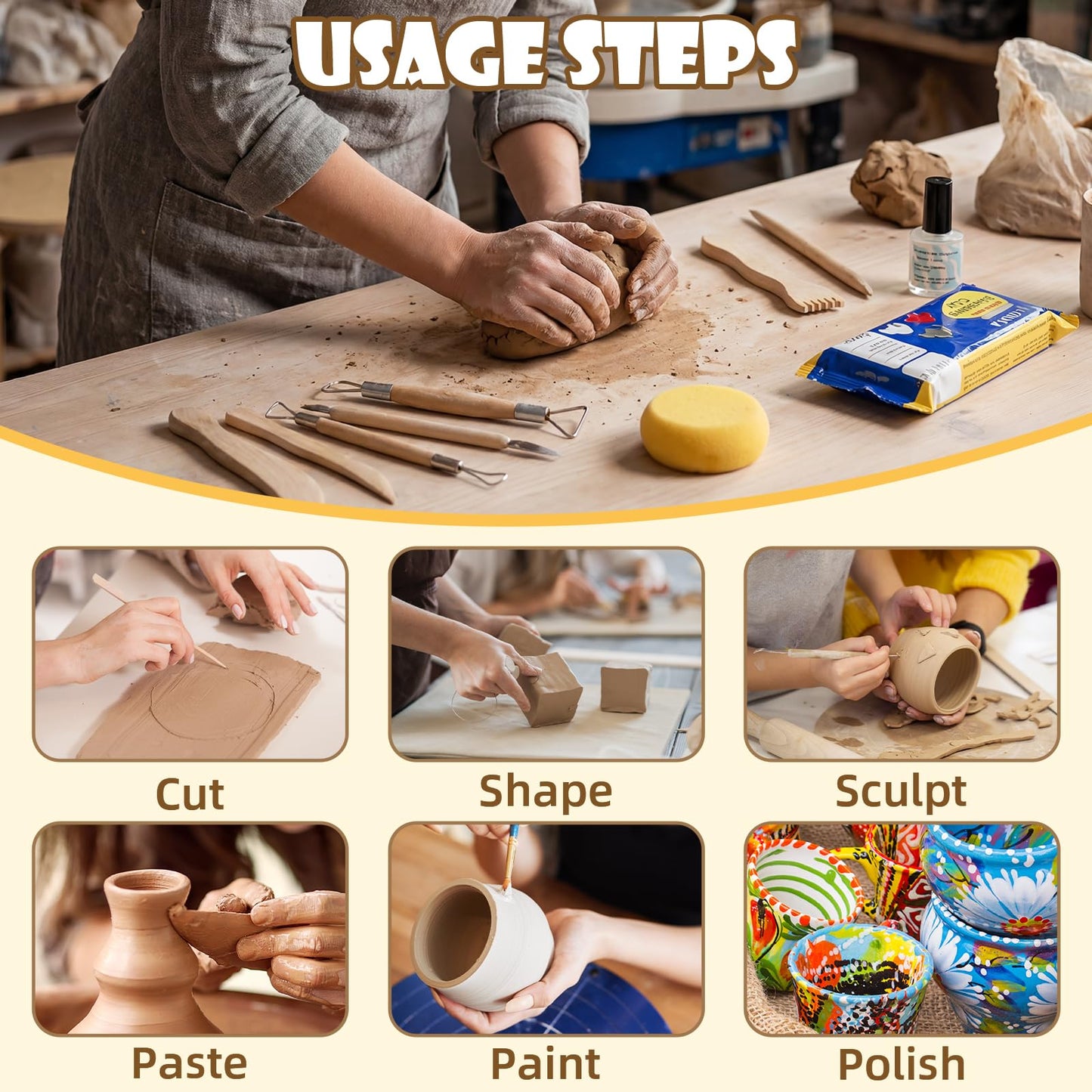 Bafeil Air Dry Clay for Adults & Beginners, 43PCS Pottery Kit Beginners Clay Kits, DIY Craft Set with Clay-Tools-Kit, White Dry Clay, Paints, Brushes, How-to-Guides, Gift for Birthday Family Party
