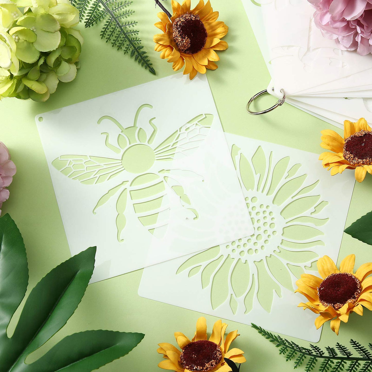 Zonon 16 Pieces Stencils for Painting, Reusable Large Butterfly Hummingbird Sunflower Stencil with Metal Open Ring, DIY Craft Templates for Spring Summer Wood Wall Canvas Home Decor(6.3 x 6.3 Inch)