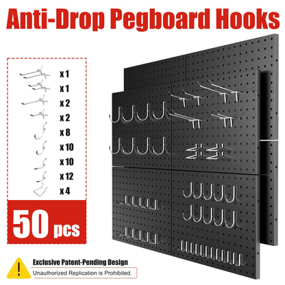7S garage Peg Board 8 Pack Metal Pegboard Panels with 50 Hooks, Heavy Duty Pegboard Wall Organizer, Black Pegboards for Workbench, Garage Tool Storage, Office Organization, Kitchen, Craft Room