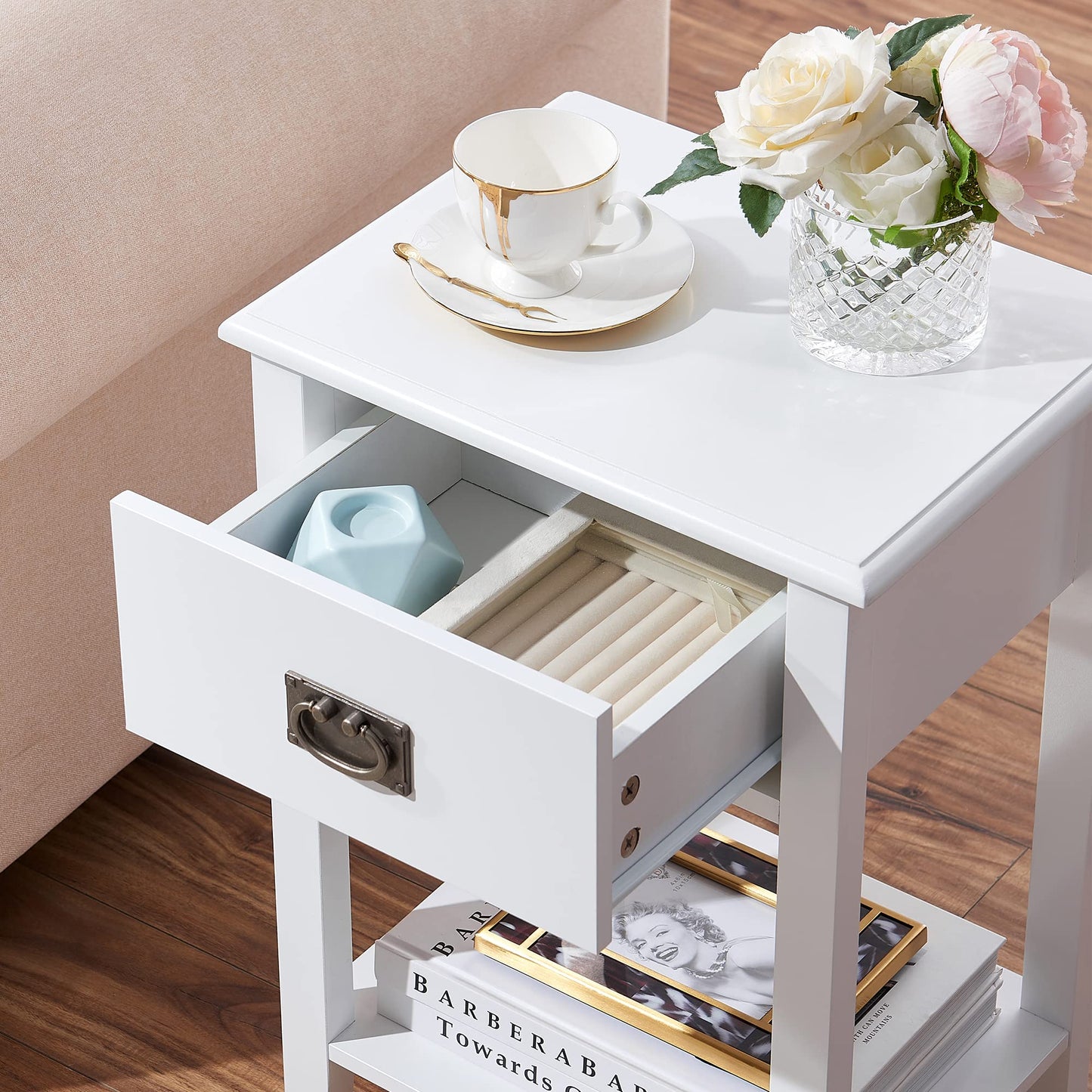 VECELO Nightstands Set of 2 End/Side Tables for Living Room Bedroom Bedside, Vintage Accent Furniture Small Space, Solid Wood Legs, One Drawer