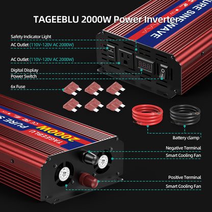 TAGEEBLU 2000W Pure Sine Wave Inverter - 4000W Surge Peak, 12V DC to 110V AC Heavy Duty Power Inverter for RV, Truck, Home, Solar, Off-Grid, Outdoor, Car Converter with Dual AC Outlets and LCD Display