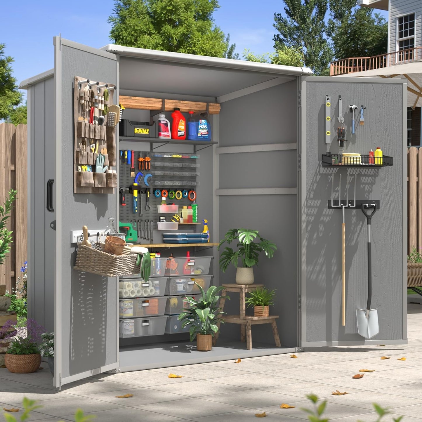 Aoxun 5x3 FT Outdoor Storage Shed, Plastic Garden Resin Shed with Floor for Patio, Lawn, Outdoor Storage Cabinet with Lockable Door for Bike, Tools, Garbage Can, Grey
