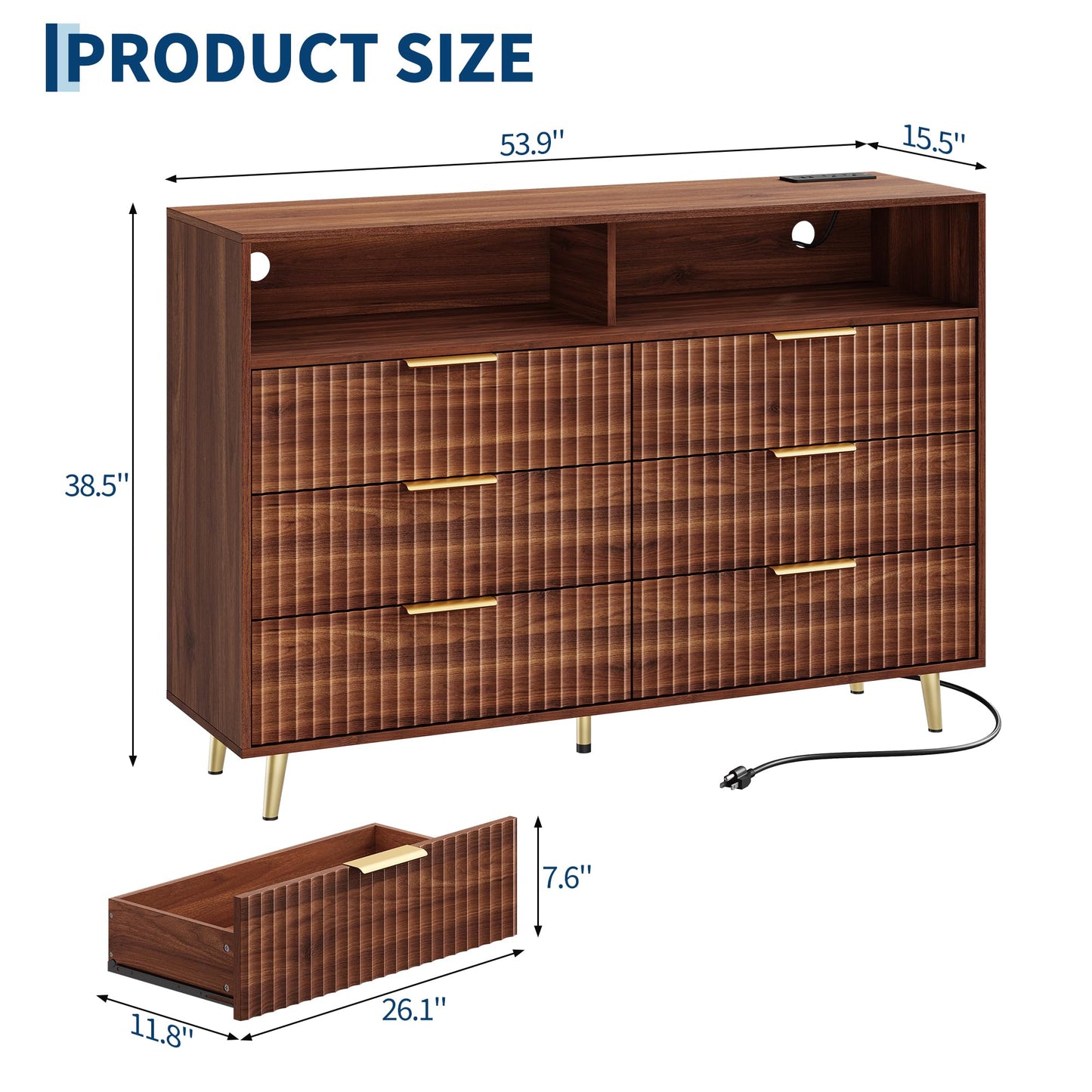 Garvee 53.9" Wide Luxury 6 Drawers Dresser with LED Lights & Charging Station, Curved Fluted Wood Chest of Drawers with Gold Handles, Modern Storage Cabinet for Bedroom Living Room, Walnut