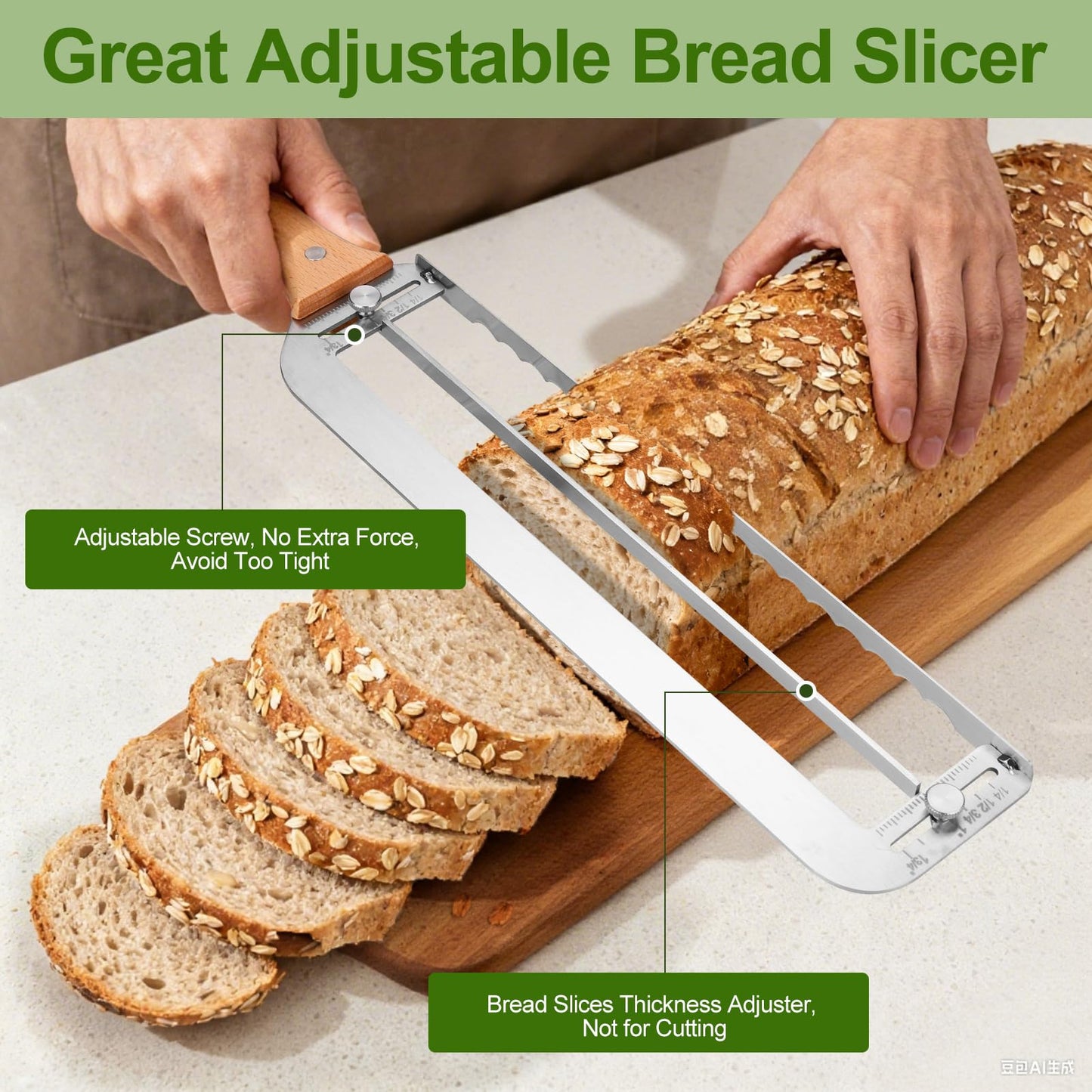 Adjustable Bread Slicer for Homemade Bread - Upgrade Manual Sourdough Bread Knife with Thickness Guide, Bread Bow Cutter with Stainless Steel Serrated Blade for Baguettes Bagels, Ideal Gift for Baker