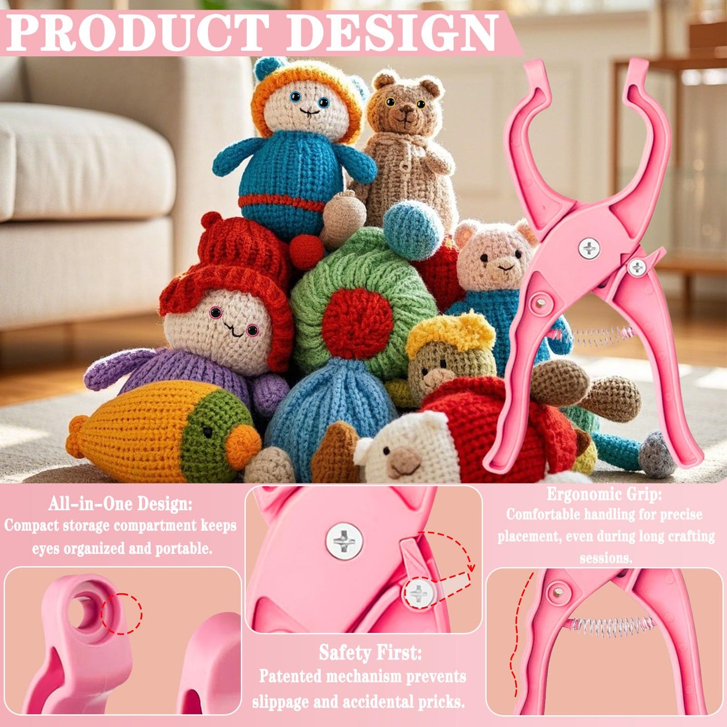 Safety Eye Tool Kit for Amigurumi & Crochet-1150PCS 3D Glitter Safety Eyes,5-30mm Stuffed Animals Safety Eyes Doll Making Supplies,Safety Eye 10-30mm Sizer Tool,Ergonomic Design for Crafting (Pink)