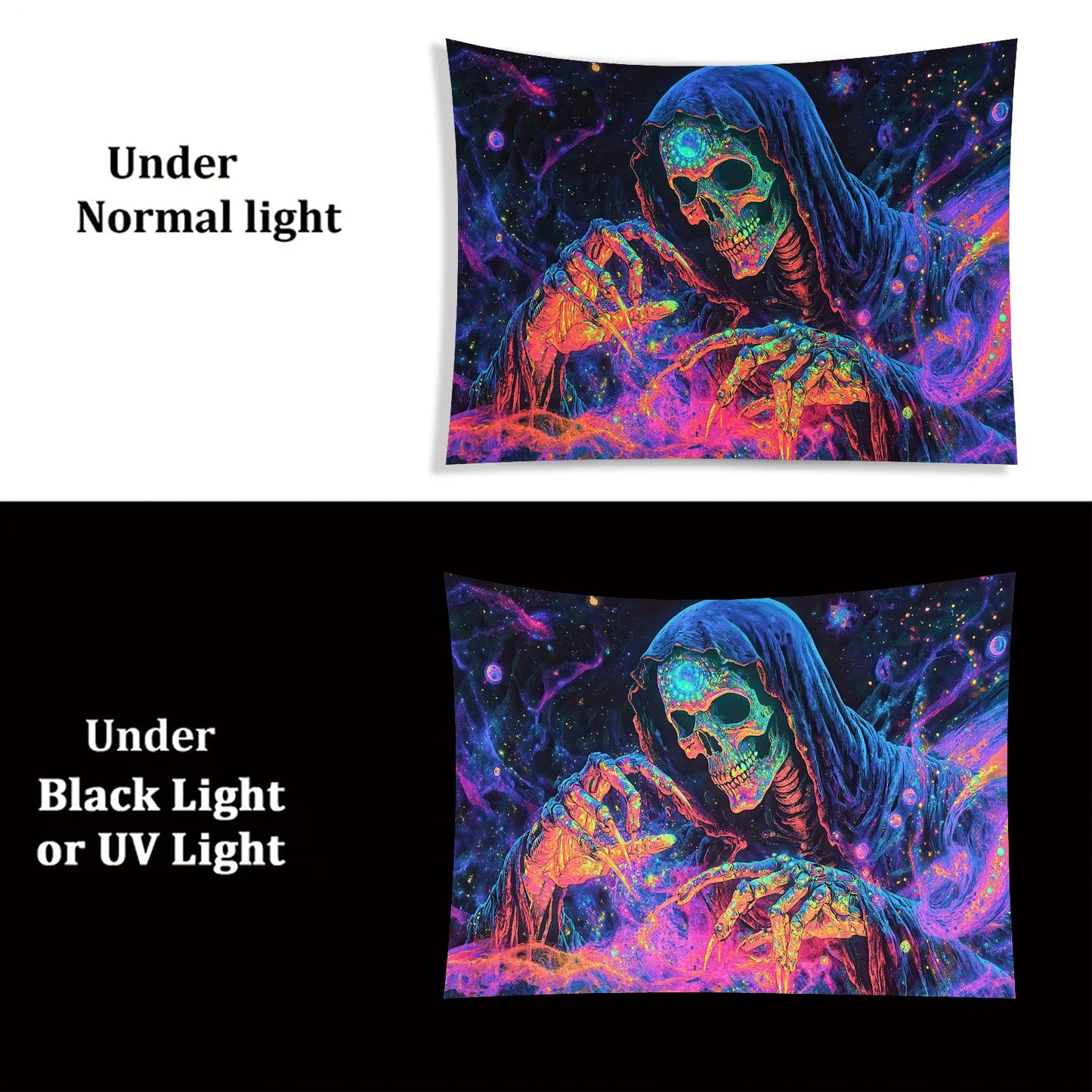 Starlit Patio Blacklight Skull Tapestry Skeleton UV Reactive Glowing Grim Reaper Wall Hanging Trippy Neon Skeleton Art Tapestry for Bedroom Living Room Dorm Aesthetic Gothic Horror Decor 78 x 59 Inch