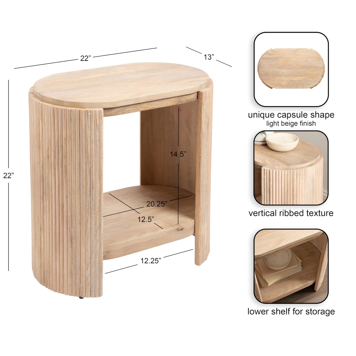 Kate and Laurel Cakora Modern Capsule Ribbed Mango Wood Side Table, 22 x 13 x 22, Light Natural, Boho Decorative Two-Tier End Table for Use as a Bedroom Nightstand or Living Room Plant Stand