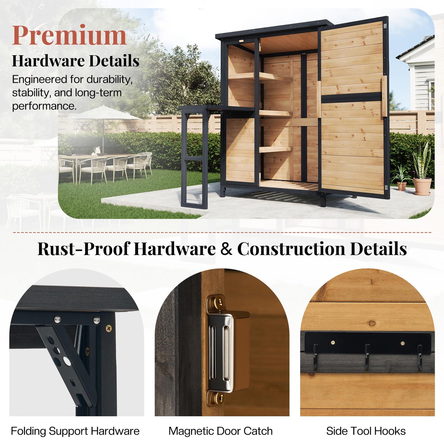 Jocisland Solid Fir Wood Outdoor Storage Shed,Garden Tool Shed with Foldable Workbench, Adjustable Shelves,Sloping Roof,Weatherproof Utility Cabinet for Backyard,Patio&Lawn, Poolside,2.05x3.8x5.25 FT