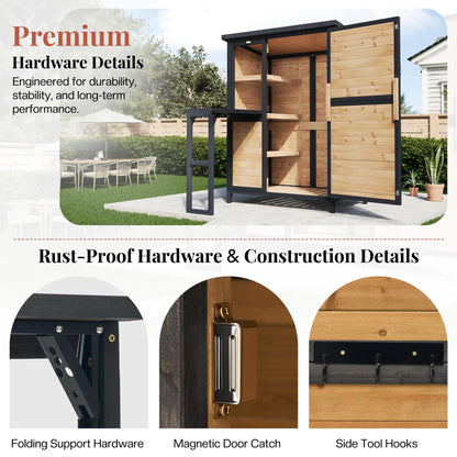 Jocisland Solid Fir Wood Outdoor Storage Shed,Garden Tool Shed with Foldable Workbench, Adjustable Shelves,Sloping Roof,Weatherproof Utility Cabinet for Backyard,Patio&Lawn, Poolside,2.05x3.8x5.25 FT