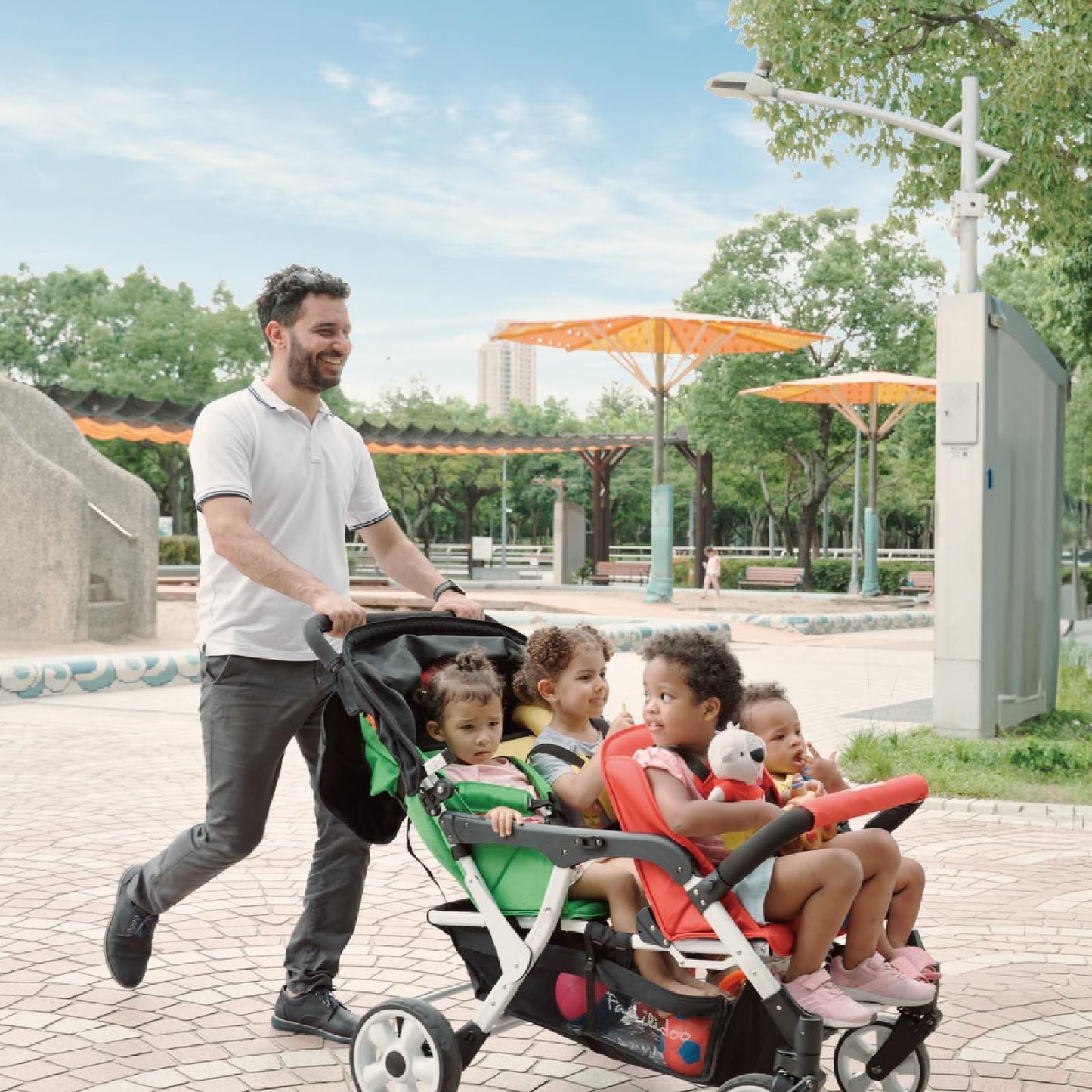 Familidoo H4E Quad Stroller Wagon for Kids, 4-Seater Daycare Baby Stroller with 5-Point Safety Harness, Lightweight & Foldable with All Reclining Seats, Double Canopy & Rain Cover – All-Terrain Wheels