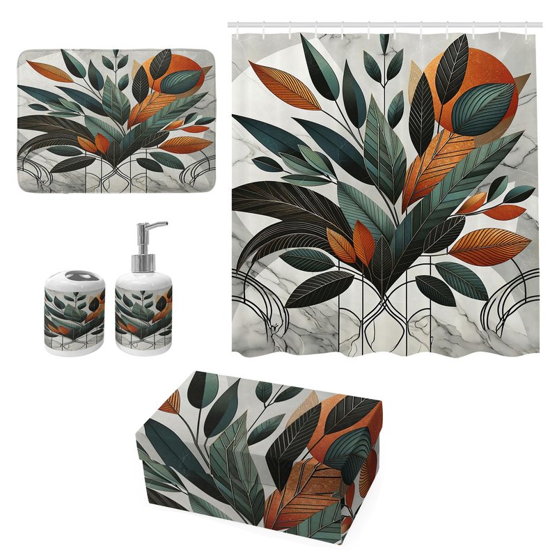 Ambesonne Boho Bathroom Decor Set 4 Pcs, Shower Curtain Bath Mat Soap Dispenser Toothbrush Holder in a Gift Box Essentials and Accessories, Mid Century Exotic Leaf, Orange Laurel Green Grey