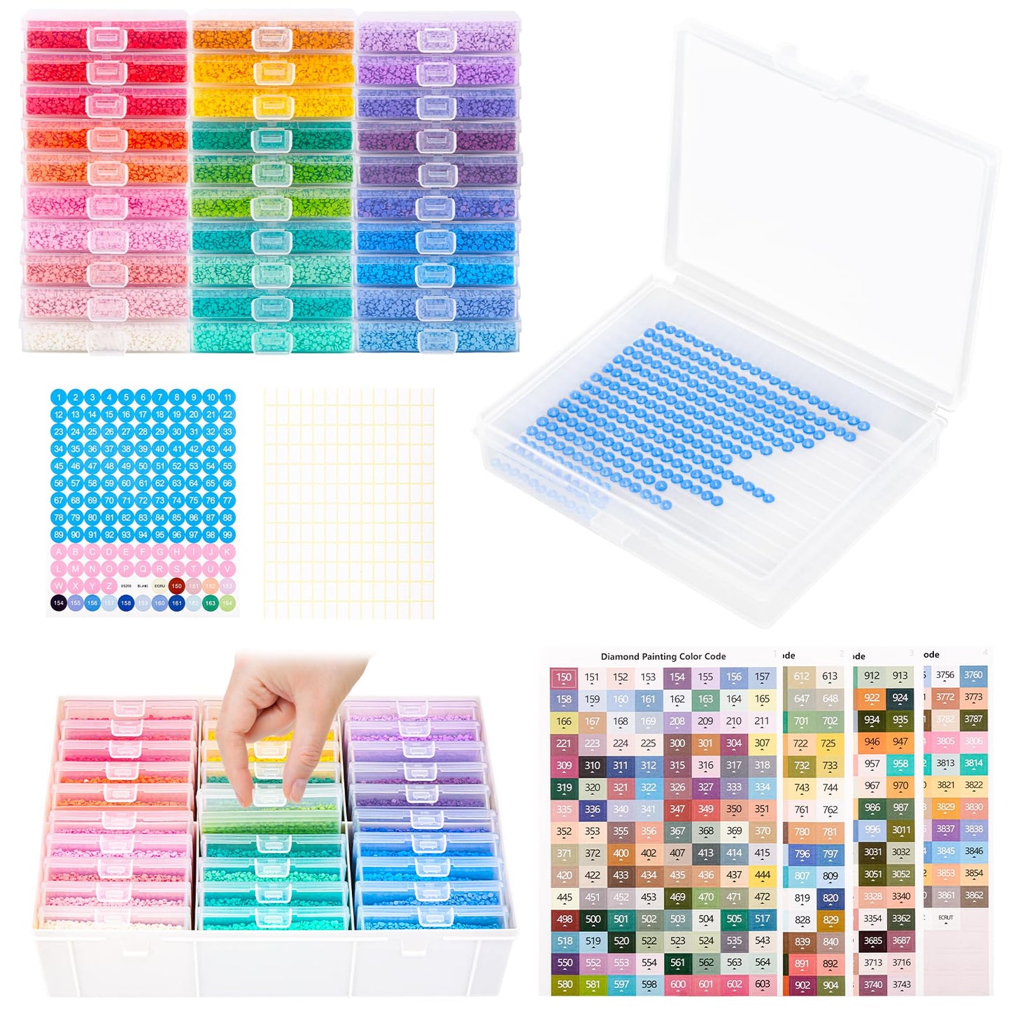 MOLEDINO 30 Pcs Diamond Painting Storage Trays with Lids, 2-in-1 Diamond Art Containers Trays Kit for Drills with 1 Large White Plastic Organizer Box, Stackable Bead Storage and Line-Up Accessories