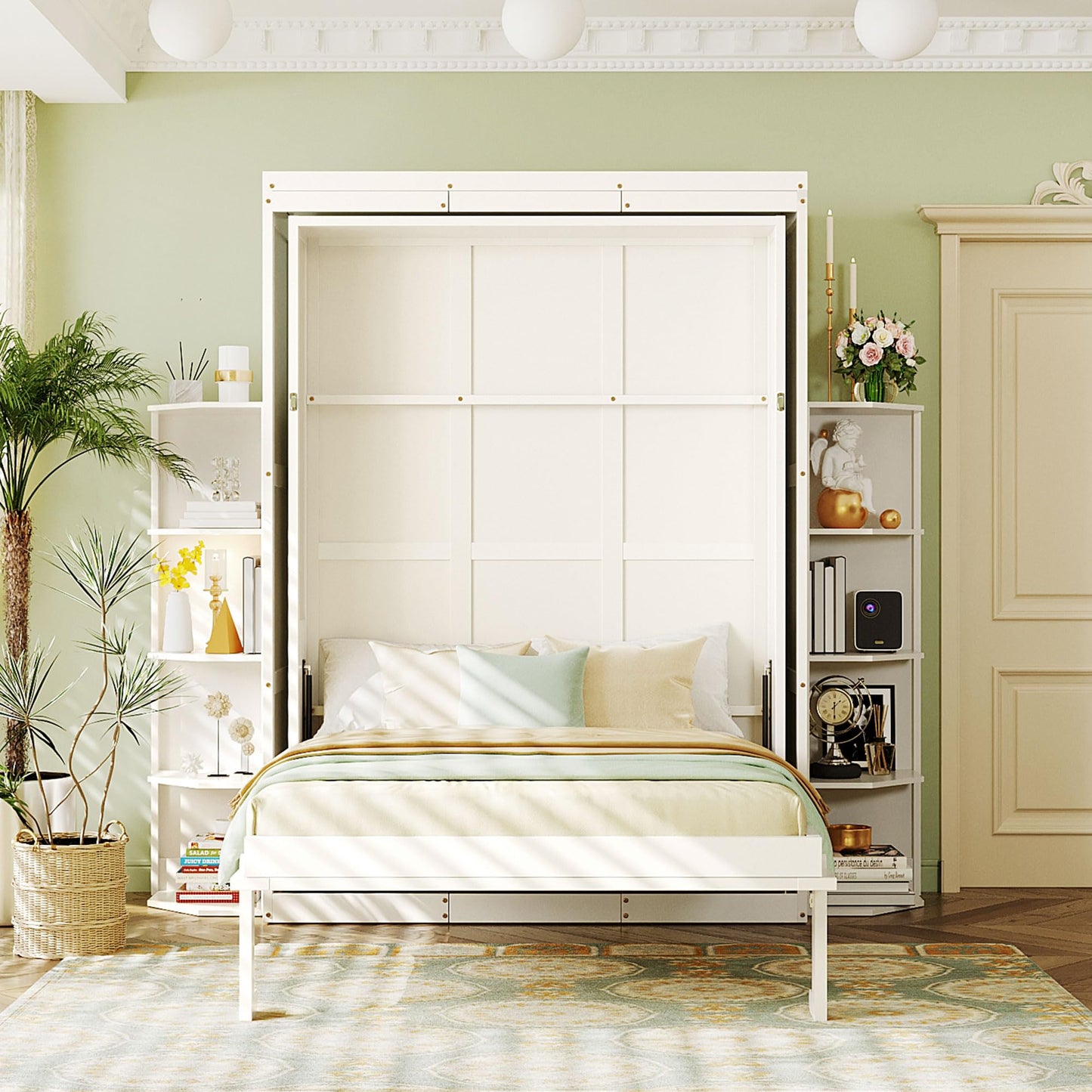Rotating Full Murphy Bed with Hidden Wall Cabinet, Dual 3-Tier Side Shelves, Convertible Desk, Extra Storage Racks, Space-Saving Multifunctional Wall Bed for Home Office &Small Rooms, White