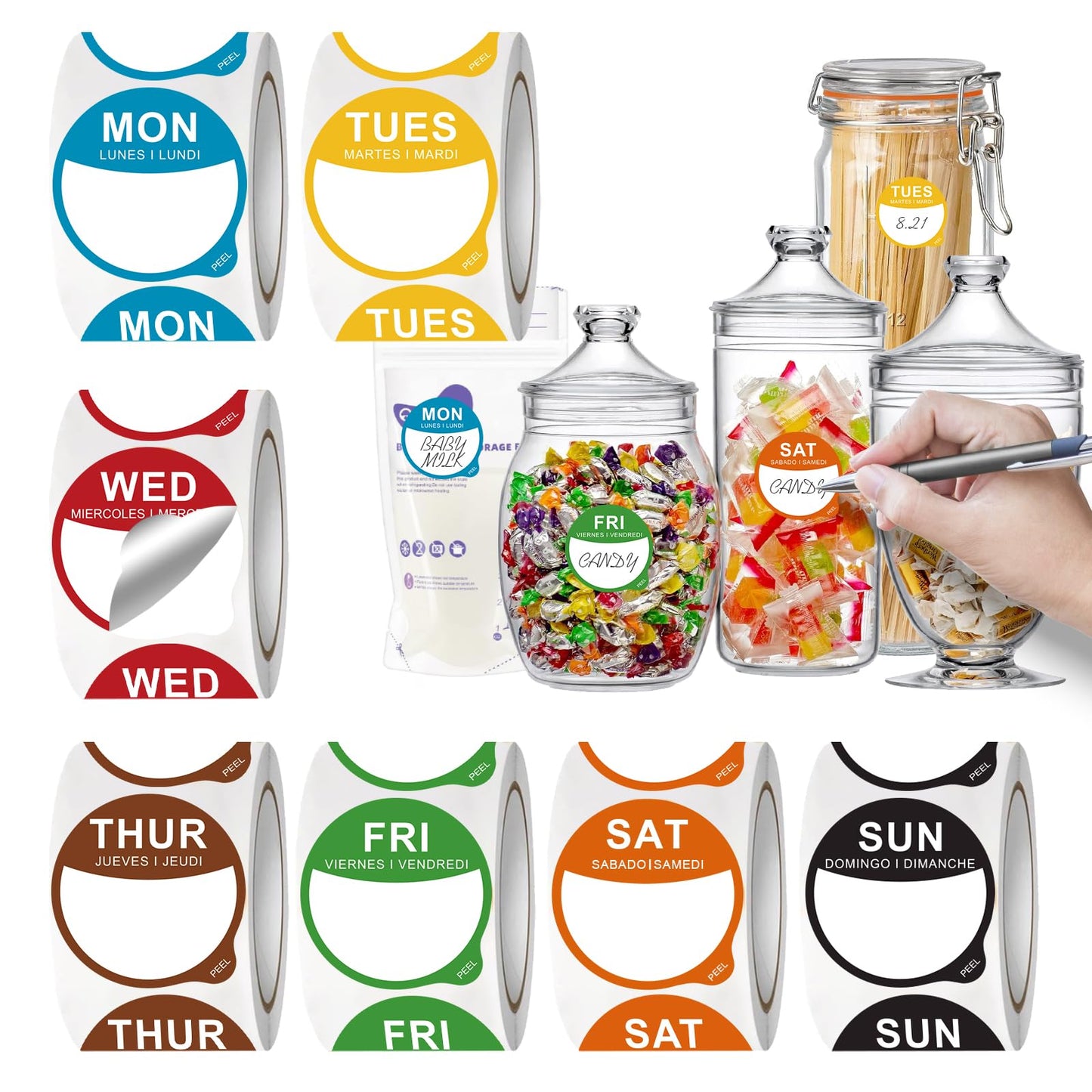 7000 Pcs 1 Inch Days of The Week Stickers, Removable Date Dots Food Labels Peel Tab(Mon-Sun) for Container Bottles, Kitchen Freezers, Restaurant Inventory Management Supplies(1000 pre-Cut per roll)