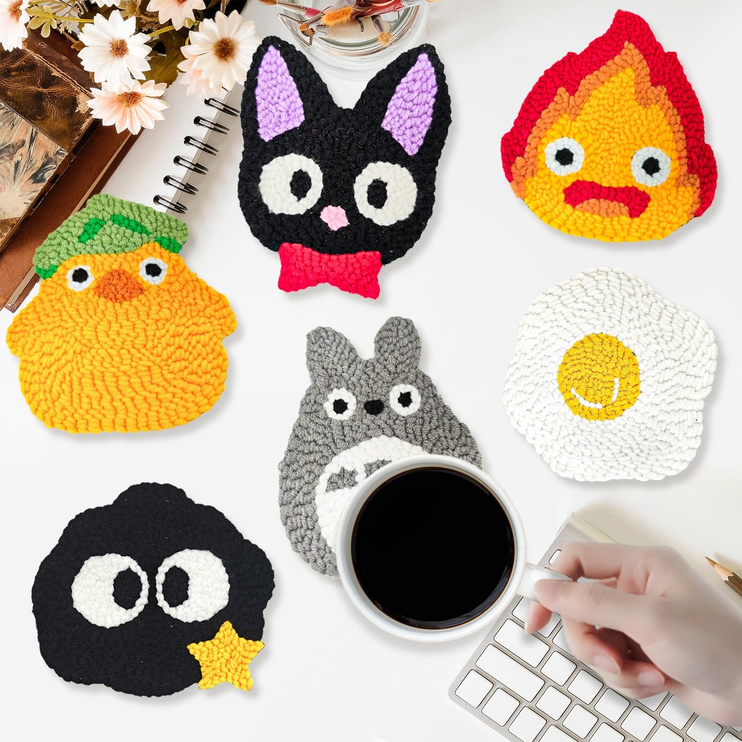PUNICA Punch Needle Kit for Beginners, Kids & Adults Coaster Set of 6, Easy DIY Embroidery Set Starter Craft Gift with Cute Cartoon Decoration