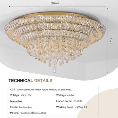 30 inch Flush Mount Crystal Chandeliers with Remote and APP Gold, Modern Elegant LED Crystal Raindrop Ceiling Light Fixture, 3CCT Dimmable, for Living Room Kitchen Island Bedroom Entryway Foyer
