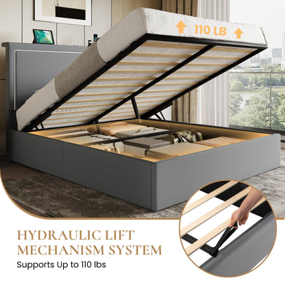 SHA CERLIN Queen Size Hydraulic Lift-Up Storage Platform Bed Frame with Charging Station, RGB LED Lights, Adjustable Velvet Headboard, USB-A and USB-C Ports, No Box Spring Needed, Grey
