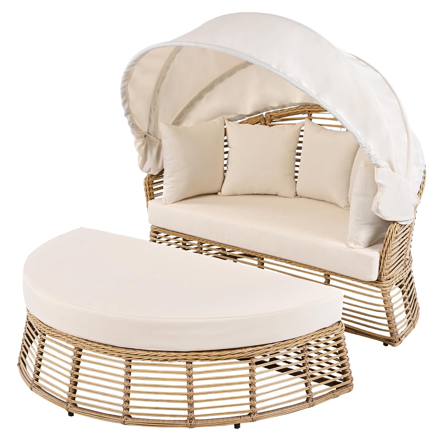 Merax Outdoor Chaise Lounge Daybed for Outside Patio Furniture Wicker with Retractable Canopy Recliner Yellow Rattan Sunbathing Lounger Sofa Sunbed Pool Reclining Sunbed, Khaki Cushion