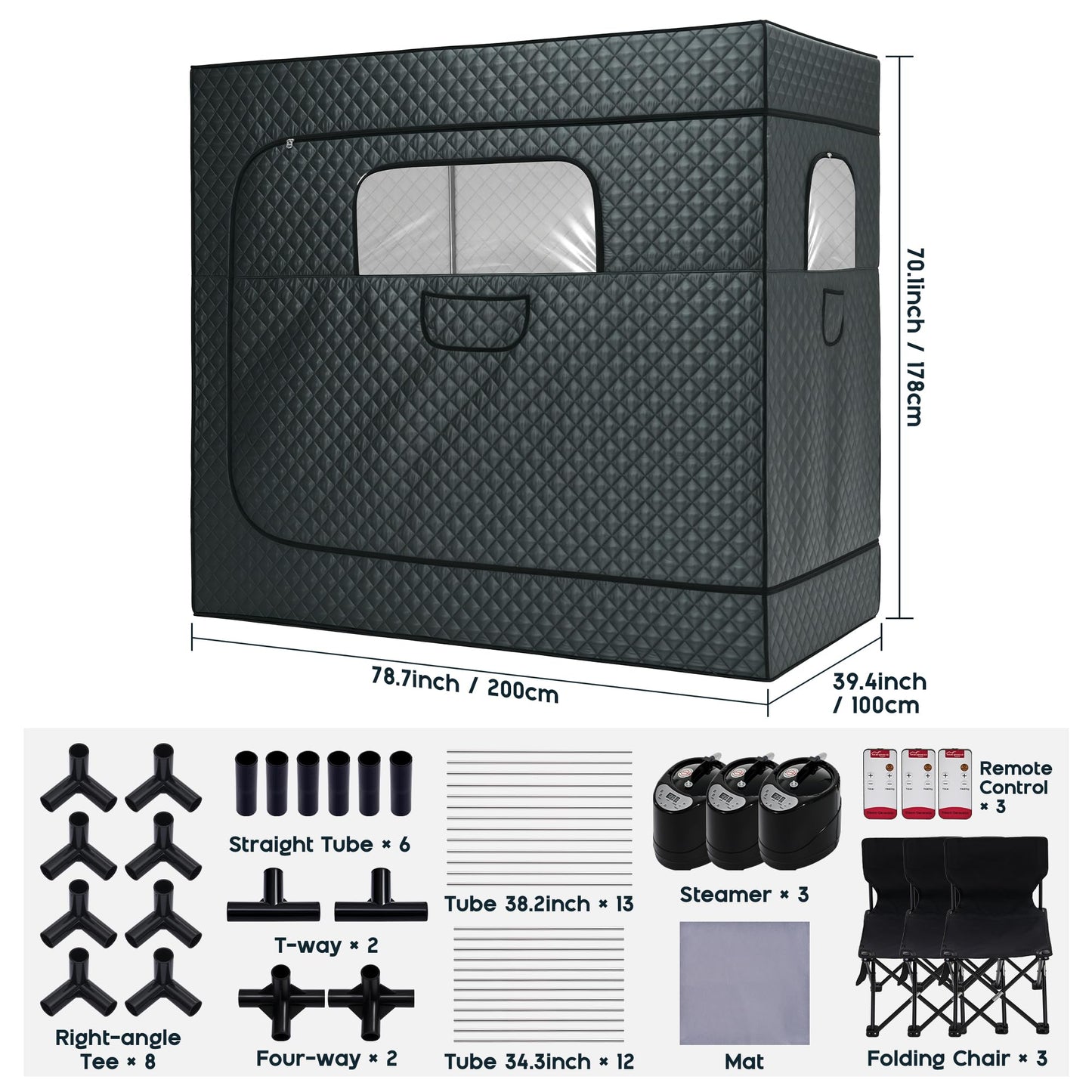 Albott 3 Person Steam Sauna for Home, Portable Sauna Tent with 3L 1500W Steamer, Extra Large Size 6.6’ x 3.3’ x 5.8’ Full Body Home Spa, Remote Control, Folding Chair, Grey