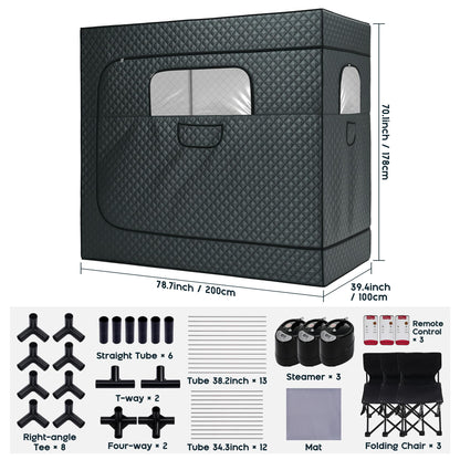 Albott 3 Person Steam Sauna for Home, Portable Sauna Tent with 3L 1500W Steamer, Extra Large Size 6.6’ x 3.3’ x 5.8’ Full Body Home Spa, Remote Control, Folding Chair, Grey