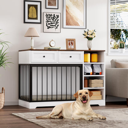 GarveeHome Dog Crate Furniture 47", Large Dog Crate TV Stand with 2 Drawers and 4 Shelves, Wooden Dog Kennel Indoor, Decorative Dog Cage with Storage for Large Dogs, White