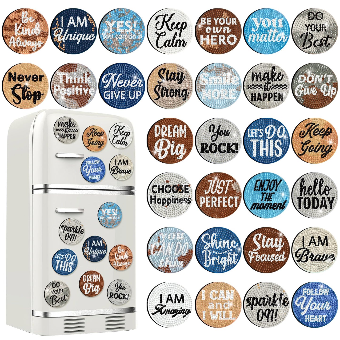 Motipuns 30 Pcs Christmas Diamond Painting Magnets Art Kits Fridge Magnet Refrigerator Sticker Diamond Painting for Beginners Adults DIY Art Craft Gifts Home Decors (Distressed Inspirational)