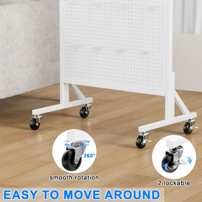 Folews Metal Peg Board Display Stand 24″ x 70″, Freestanding Pegboard Organizer with Wheels & 30 Hooks, Portable Rolling Pegboard Display Rack for DIY Retail Craft Fair Garage Display & Storage, White