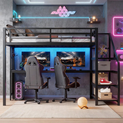 Full Size Loft Bed with Desk and Storage Stairs, Metal Loft Bed Frame with LED Lights, Charging Station, and Multi-function Iron Nets, Loftbed for Kids, Teens, Adults, Noise-free, Black and Wood
