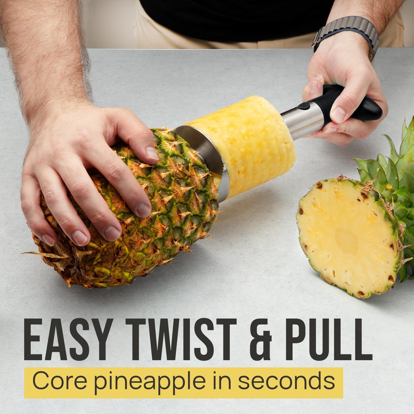 Zulay Kitchen Stainless Steel Pineapple Corer & Slicer – Heavy Duty Pineapple Cutter & Eye Removal Tool – Effortless Core Remover Tool with Sharp Reinforced Blade & Ergonomic Handle - Black