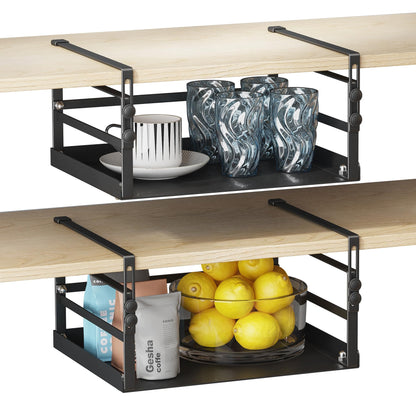 HENGI 2 Pack Adjustable Under Shelf Storage, Heavy Duty Metal Basket Organizer for Kitchen Cupboard Cabinet Pantry Laundry Desk Bookshelf, Black