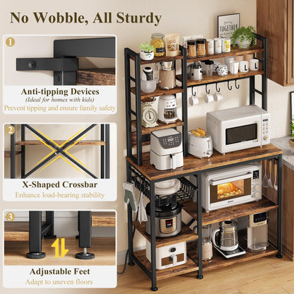 SNTD Baker Rack with Power Outlet - Microwave Stand with Storage, Large Coffee Bar Station with 14 Hooks, Metal Kitchen Shelf Rack for Spices, Pots (Rustic Brown)