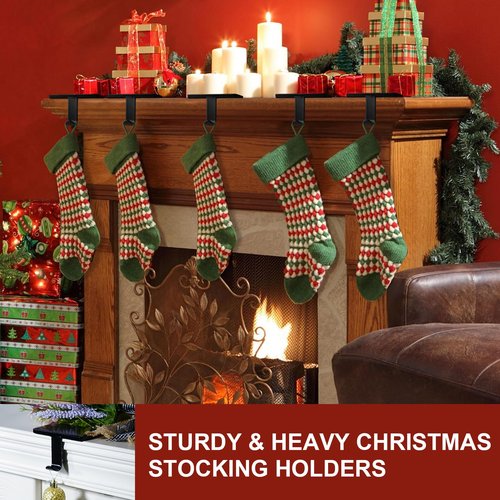 BlissfulTie Christmas Stocking Holders for Mantle Set of 6, Stocking Hangers for Mantel Weighted, Heavy Duty, Flat, for Garland, Fireplace, Wall (Black)