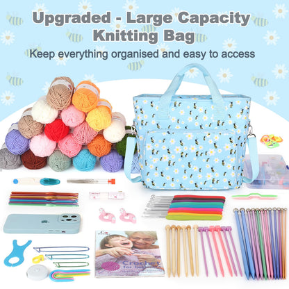 Yarn Storage Organizer Travel Crochet Bag, Large Capacity Tote Bag Knitting Bag for Carrying Projects, Knitting Needles, Crochet Hooks and Yarn, Blue Floral and Bees