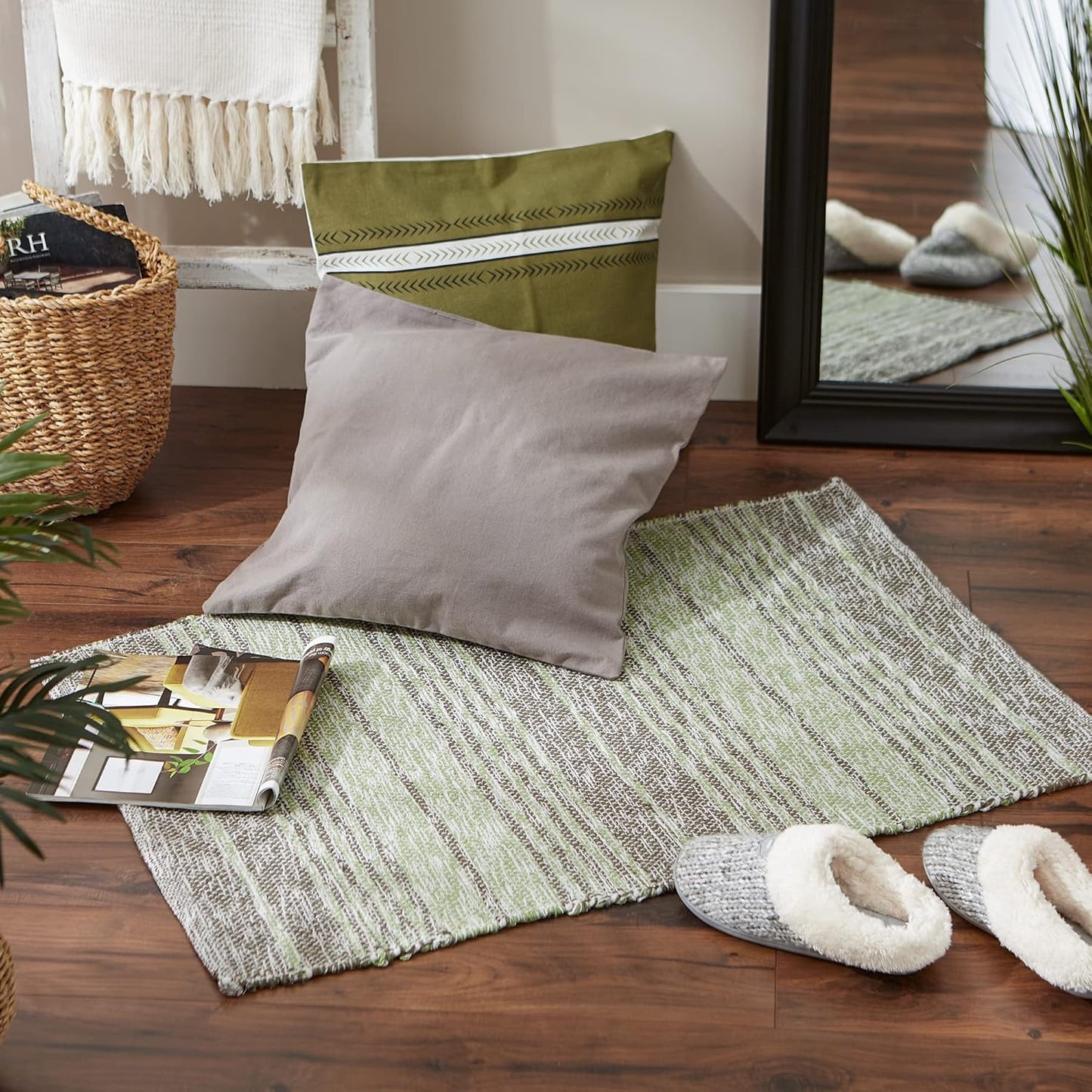 DII Woven Rag Rug Collection, Recycled Yarn Variegated Rustic Stripe, 2x3', Artichoke